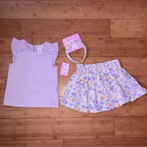 NWT Girls Size 5-6 Sweet Spring Outfit - Eyelet Sleeves Top & Flower Skorts